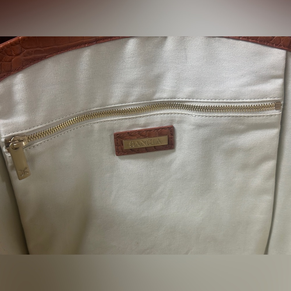 Sancia Minka Canvas and Croc Embossed Cowhide Leather Tote Bag In Cognac/White - Picture 7 of 16